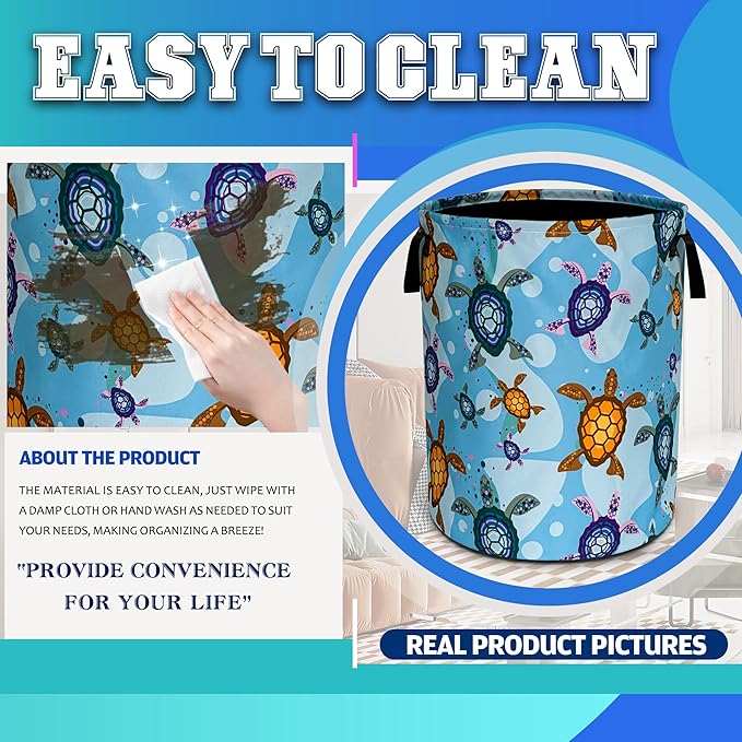 Sea Turtle Laundry Basket Oxford Cloth Funny Animal Laundry Hamper With Handle Foldable Portable Clothes Storage Basket 18.9 X 16.5 In Storage Bag For Laundry Room/Bathroom/Bedroom/Dormitories