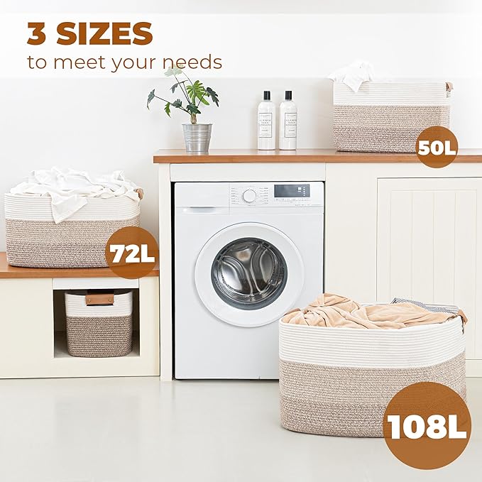 danpinera 108L Large Blanket Basket for Living Room, Woven Storage Basket with Leather Handles, Cotton Rope Storage Organization in Nursery for Toys & Clothes 25 ''* 16 ''*16 '', Gradient Brown