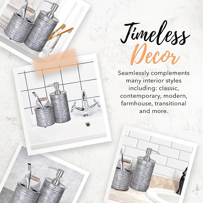 Autumn Alley Rustic Bathroom Accessories Set - Farmhouse Bathroom Soap Dispenser and Toothbrush Holder Set - Western Bathroom Accessories, Farmhouse Decor for Bathroom Countertop, Galvanized Grey