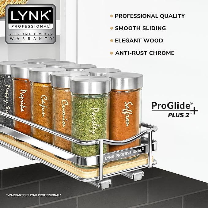 LYNK PROFESSIONAL® Élite™ Pull Out Spice Rack Organizer for Inside Kitchen Cabinets - 4-3/8 inch Wide - Slide Out Drawer – Wood/Chrome Sliding Spice Organization for cabinet - Spice Racks - 1 Tier