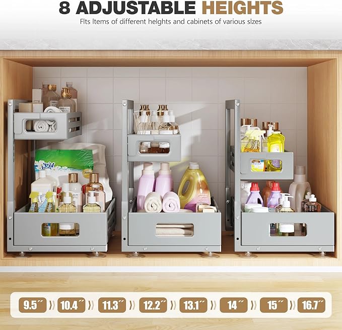 2 Pack Under Sink Organizer,Pull Out Cabinet Organizer With Smooth Cylindrical Rail,Metal Slide Out Drawer for Kitchen Bathroom Laundry Cabinet,8-Level Tool Free Height Adjustable-Gun Gray
