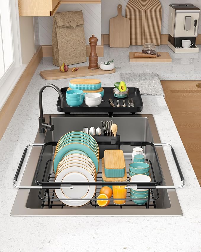Extendable Dish Drying Rack Over Sink with Dish Drainer, Sink Organization and Storage Essentials with Silverware & Utensil Holder, Home and Apartment Decor, 12" W x 16.1~23" L, Black
