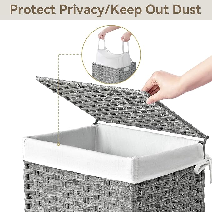 Chrislley 90L Slim Laundry Hamper with Wheels, Rolling Laundry Basket with Lid and Renovable Liner Bag, Handwoven Rattan Organizer for bedroom, bathroom, laundry room (Grey)
