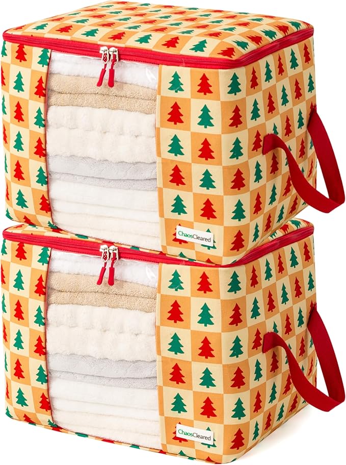 Canvas Storage Bags 2 Pack Designer Clothes Organizer bags for sweaters, clothing, garments, quilt, linens, large folding organizers with zip & window, moth proof space saver - Christmas tree print