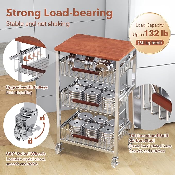 4-Tier Slim Rolling Fruit & Vegetable Storage Cart with Removable Baskets, Narrow Metal Kitchen Organizer Cart on Wheels, Fruit Basket Stand & Fruteros para Cocina, Pantry Cart for Storage