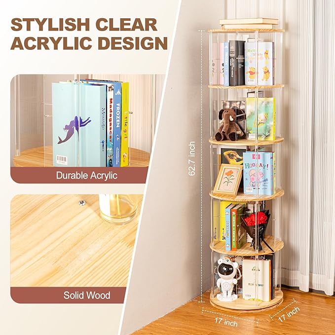 360° Rotating Bookshelf, 5-Tier Spinning Book Shelf Tower with Solid Wood & Clear Acrylic, Round Revolving Bookcase for Living Room, Bedroom and Office