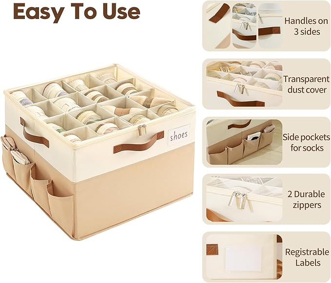 Varhomax Shoe Organizer Box 2 Pack for Closet, Fabric Shoe Storage Bin with Adjustable Dividers & Clear Cover, Holds up 16-32 Pairs of Sneakers & Sandals for Entryway, Cubby