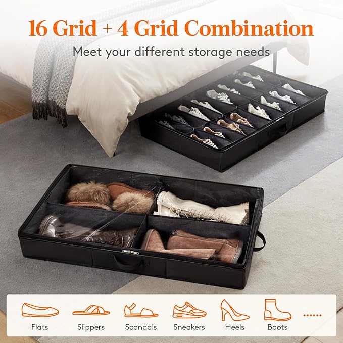 Lifewit Under Bed Shoe Storage Organizer 2 Pack(16 Pairs+4 Pairs), 4.3" Tall Fabric Shoes Container Box, Foldable Closet Shoe Bag with 2 Reinforced Handles and Clear Cover, Black