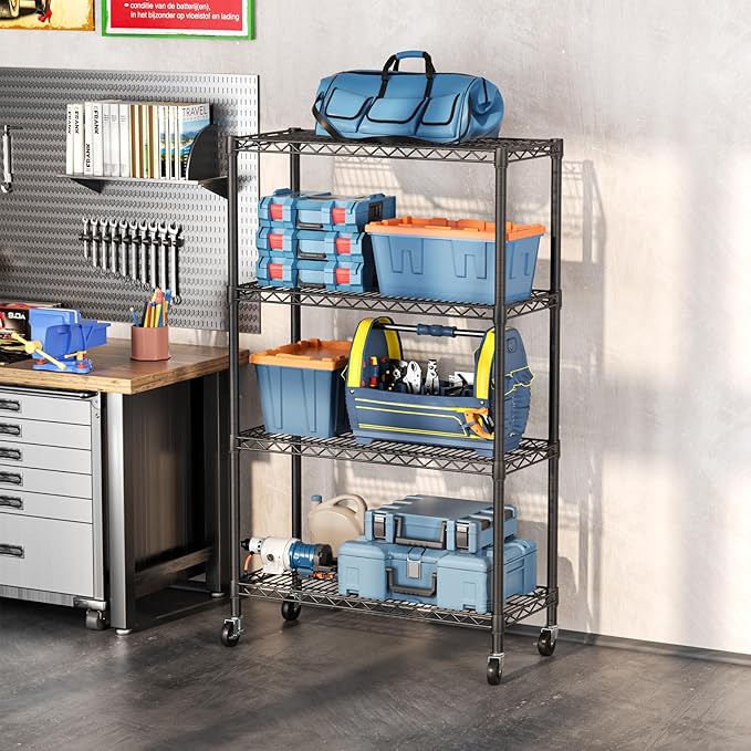 SINGAYE 4 Shelf Storage Wire Shelves Closet Bathroom Organizers Metal Pantry Kitchen Garage Shelving Unit Laundry Room Organization Home Narrow Rack Net Basket with Wheels Black