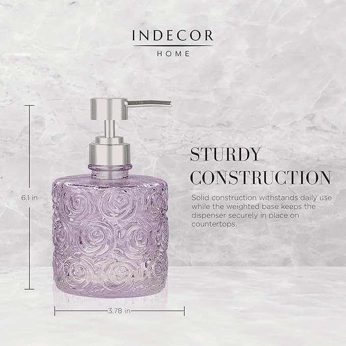 Marcella Glass Soap Dispenser with Soap Pump, Refillable 14 Ounce Capacity, Floral Design Rose Patterns, Heavy Weight Thick Glass for Bathroom, Premium Kitchen Soap Dispenser (Lavender Frost)