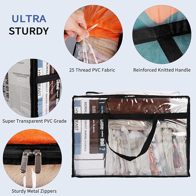 SGHUO Blanket Storage Bags 60L Extra Large Plastic Vinyl Clear Storage Bag for Clothes, Comforter, Bedding, Moving Bags with Zipper and Reinforced Handle (4pcs)