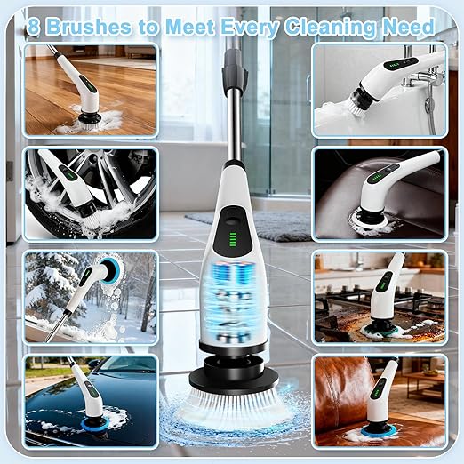 Homlab Electric Spin Scrubber, Cordless Cleaning Brush with 8 Replaceable Brush Heads, Shower Scrubber with Adjustable Extension Handle, Waterproof Power Scrubber for Bathroom Tile Floor Tub Car Walls