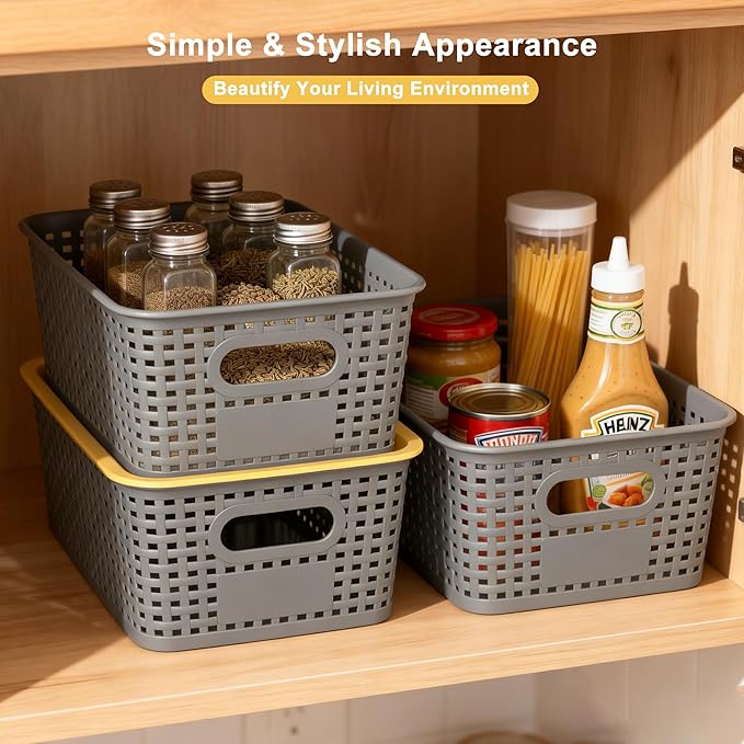 AREYZIN Plastic Storage Bins with Lid,Stackable Storage Bins and Storage Baskets for Shelves,Small Baskets for Organizing, Small Storage Bins,10.2x7.2x4.1 Inch,6-Pack, Gray
