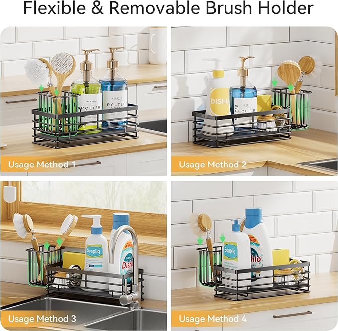 Yofidra Kitchen Sink Caddy Sponge Holder - 304 Stainless Steel Sink Organizer with Diatomite Quick-Dry Base, 3 Compartments Caddy Organizer, Detachable Brush Rack, 9.2" x 3.9" x 4.4"