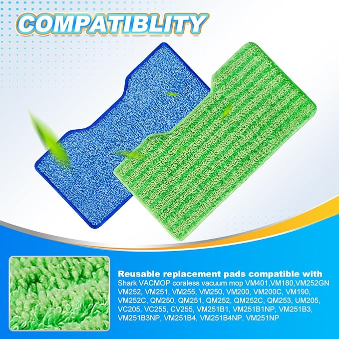 KEEPOW Reusable Microfiber Mop Pads Refills Compatible with Shark VACMOP VM252 VM200 VM401 VM180 VM252GN VC205 VM250 VM190 VM200P12, Upgraded Dirt Chamber for Hard Floor, Blue & Green, 1+1+1+1 Pack