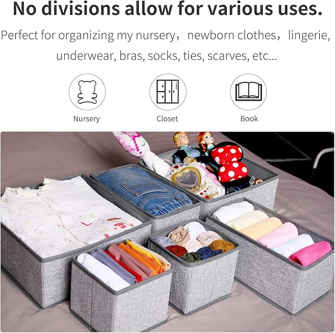 Criusia Foldable Underwear Drawer Organizer, Closet Dividers, Storage Box for Clothes, Socks (6 Bins, Gray) (Pack of 2)