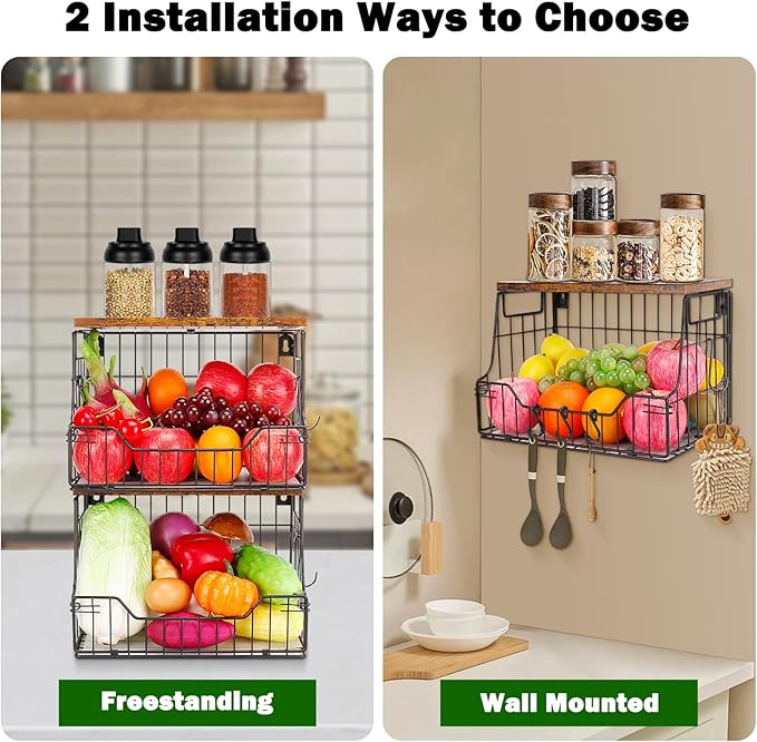 Livabber Fruit Basket for Kitchen, Metal Fruit Vegetable Storage Bin with 2 Banana Hangers, Countertop Wire Basket Organizer for Snack Potato Onion, Screw Mounted or Stand (Black, 2 Pack)