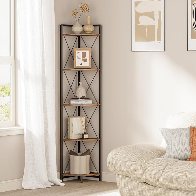 5 Tier Corner Shelf Stand, 64" H Tall Industrial Corner Bookshelf for Living Room Decor, Metal Corner Shelf, Plant Stand Display Shelf for Bedroom, Bathroom, Small Space, Rustic Brown