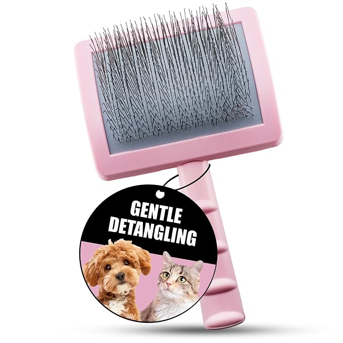 Tauro Pro Line Deshedding Slicker Brush for Dogs & Cats, Soft Pins for Gentle Dematting & Detangling, Grooming Tool for Long & Dense Coats, Ideal for Rough Collies, Non-Slip Grip, Pink, Large Size (L)