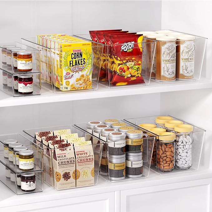 Joymeezo Set of 8 Clear Plastic Storage Bins, 6 Large +2 Small Pantry Organizers and Storage Containers for Kitchen Organization, Home Storage Essentials for Office, Closet, Garage, Freezer& Bathroom