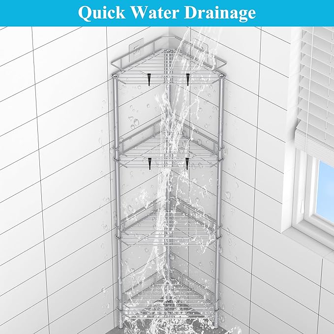 4 Tier Floor Standing Corner Shower Caddy Organizer Shelf with Hooks, Bathroom Shelves Stand Rack, Silver