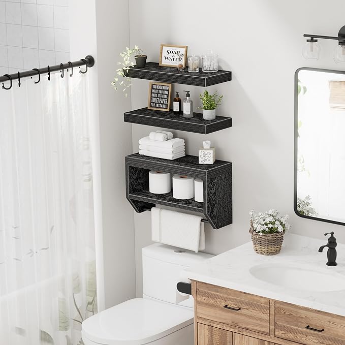 QEEIG Bathroom Floating Shelves for Wall - Shelf Over Toilet Paper Storage Farmhouse 16 inch Set of 3, Black (028-40B3)