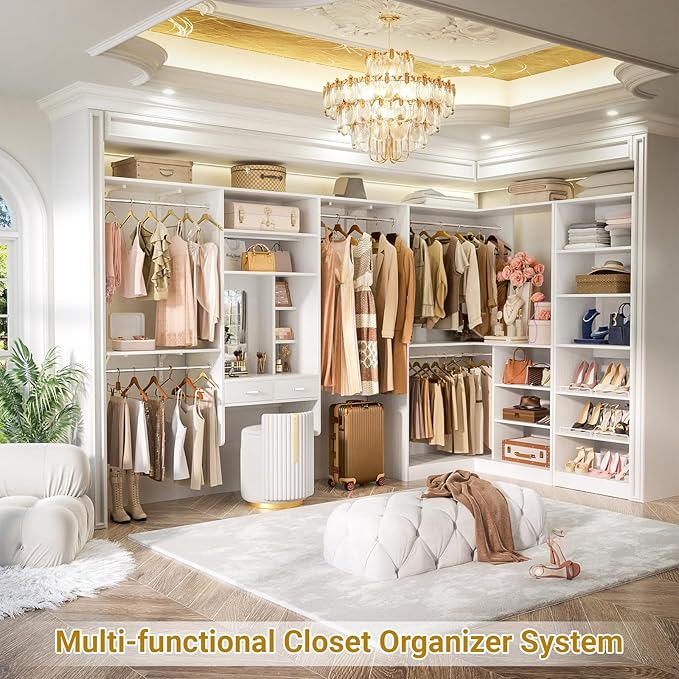 Unikito Closet System with Vanity Desk, 156”Modular Corner Closet Organizer System with Hanging Rods & Adjustable Shelves, Freestanding Wood Wardrobe Organizer, Sturdy Walk in Closet Tower, White