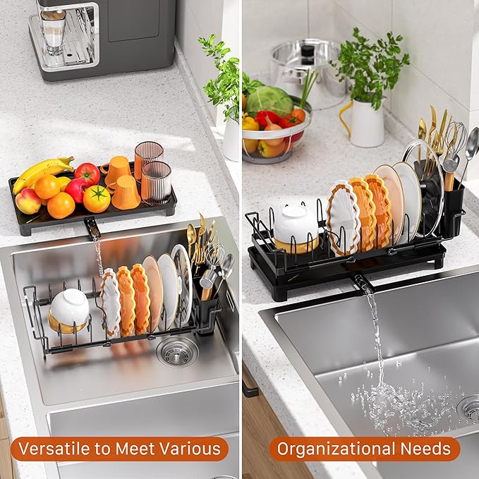masadi Small Dish Drying Rack - Expandable Sink Dish Drying Rack Over Sinks with Drying Tray, Dish Drainer for Kitchen Counter with Adjustable Cutlery Holder, Space-Saving for Small Kitchens, Black