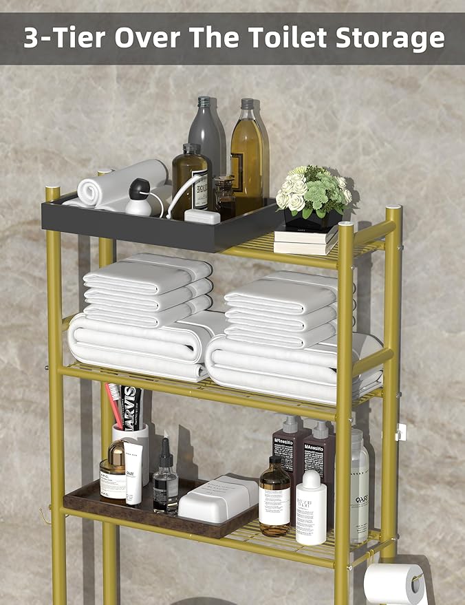 3-Tier Over The Toilet Storage, Freestanding Metal Bathroom Shelves with 4 Hooks, Over Toilet Storage Shelf with Paper Holder, Above The Toilet Shelf for Bathroom Storage, Gold