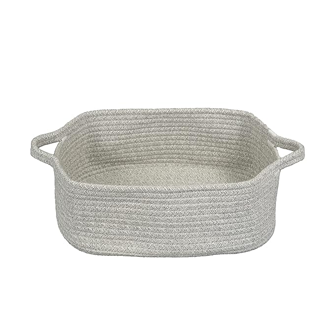 Woven Cotton Rope Storage Basket with Handles for Organizing Shelves Closet Small Cat Dog Pet Toy Baskets Box Bin Decorative Rectangle Baby Nursery basket Gift basket Empty(light grey)