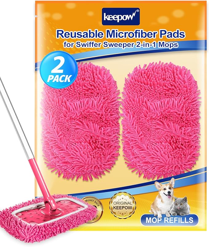 Reusable Microfiber Mop Pads Compatible with Swiffer Pink Sweeper- 2 Pack Pink Dry Sweeping Cloths & Wet Mopping Cloths - Washable Wet Pads Refill for Mopping Floors (Mop is not Included)