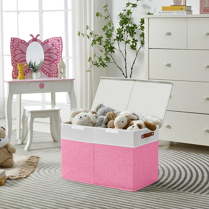 Large Toy Storage Box with Lids, Collapsible Sturdy Baby Storage Organizer Chest Bin Basket for Kids, Boys, Girls, Playroom, Nursery, Bedroom, Closet 25"x13"x16" (Pink and White)