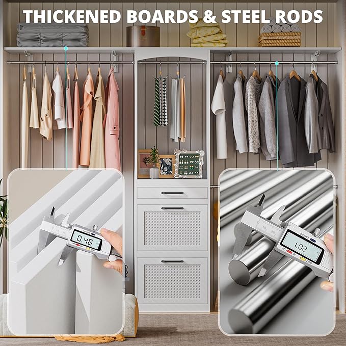 Walk in Closet Organizer System - with Drawers, 8FT Walk in Closets Organizer with Jewelry Box, 96” Wooden Storage Systems with 3 Hanging Pods, Built-in Garment Rack for Bedroom