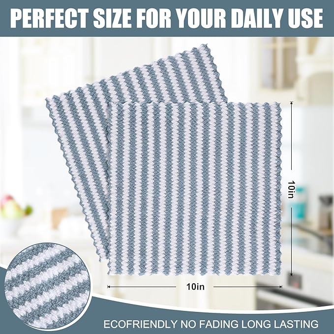 Homaxy 12 Pack Kitchen Dish Cloths, Ultra Soft and Absorbent Dish Towels, Reusable Fast Drying Microfiber Cleaning Cloth, Coral Velvet Wave Design No-lint, 10 x 10 inches, Dusty Blue