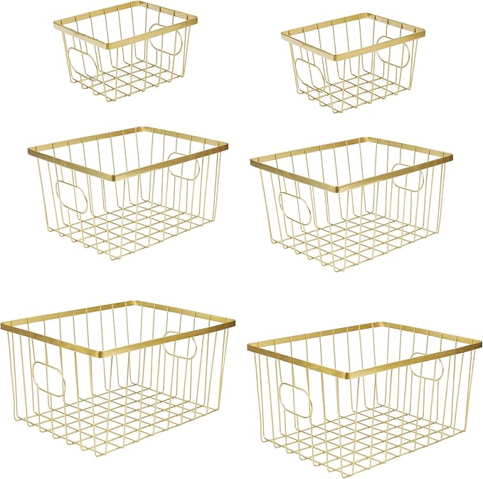 happimess BSK3001D-6SET Camden Vintage Industrial Wire Metal Nesting Storage Baskets for Shelves, Cabinets, Pantry, Countertop, Mesh Open Bin Basket for Organizing Supplies, Gold (Set of 6)