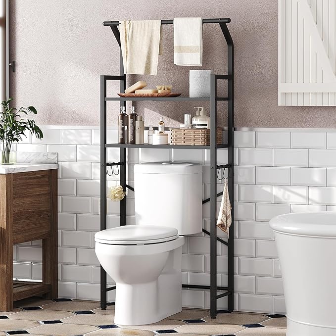 2-Tier Over The Toilet Storage, Multifunctional Vertical Over Toilet Bathroom Organizer, Freestanding Bathroom Storage Shelves with Hooks, Bathroom Organizer, Rustic Brown and Black TR01BB