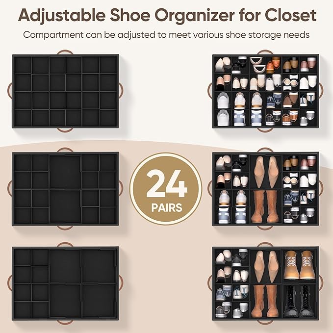 Shoe Organizer for Closet, 1 Pack Shoe Storage Container with Adjustable Dividers, Space Saving Shoe Box Storage Organizer Bin with Clear Lid and 4 Handles, Fits 12-24 Pairs, Black