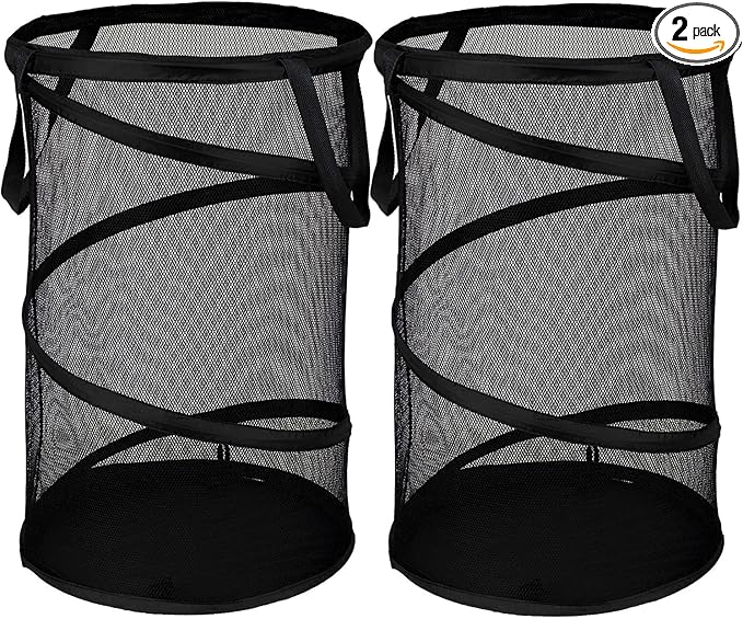 BATTOO 2 Pack Large Collapsible Laundry Basket Foldable Mesh Pop Up Hamper with Handles for Laundry Room, Bathroom, Kids Room, College Dorm, Travel, Storage Organizer Black