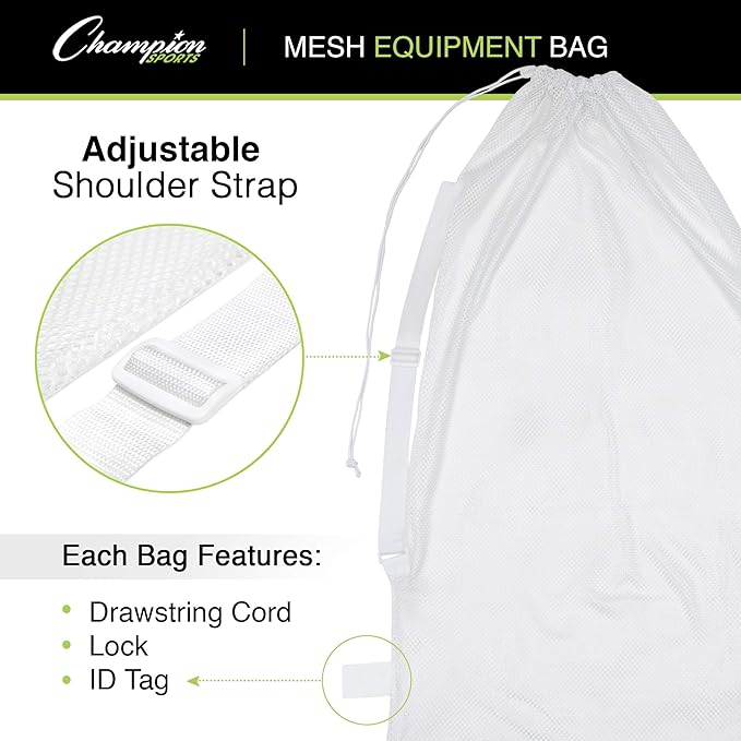 Champion Sports Mesh Equipment Bag – Heavy-Duty Nylon Drawstring Bag with Lock & ID Tag, Breathable Storage Sack for Balls, Swim Gear, Laundry & Toys, Multiple Sizes & Colors