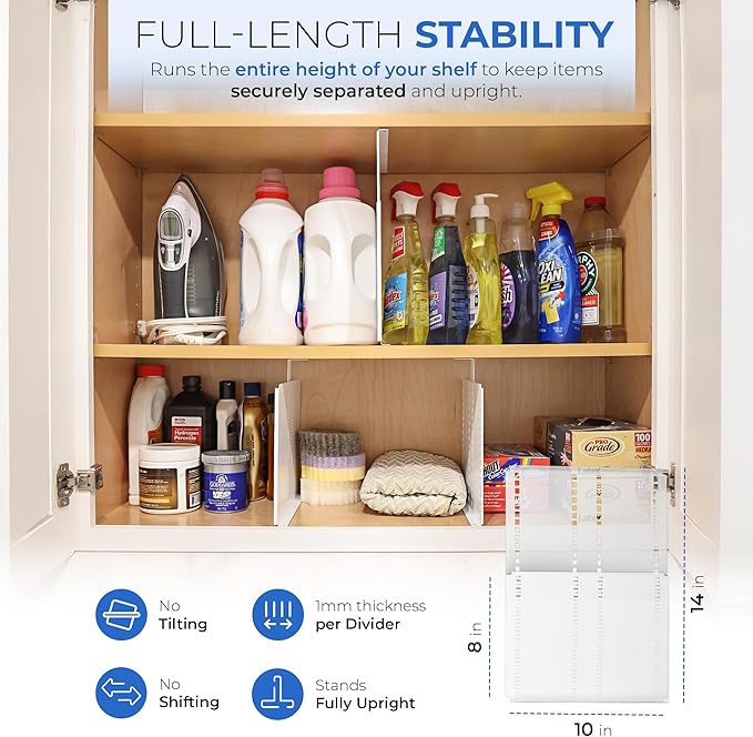 Adjustable Height Strong Metal Shelf Divider Organizer for Kitchen, Bookshelves, Pantry, Closet. Will not Bend. Extendable Up to 14 inch.