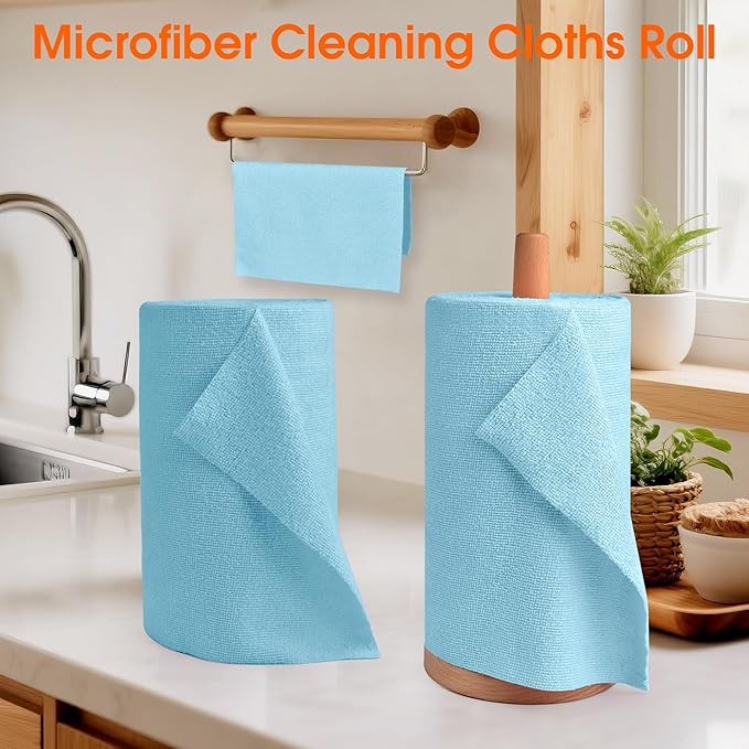CHAUNCEY HOME Microfiber Cleaning Cloth Roll - 100 Pack Tear Away Microfiber Paper Towels, Reusable, Washable, Scratch-Free, Kitchen Towels for Car, Home, Kitchen, Glass, Dishes (Blue)