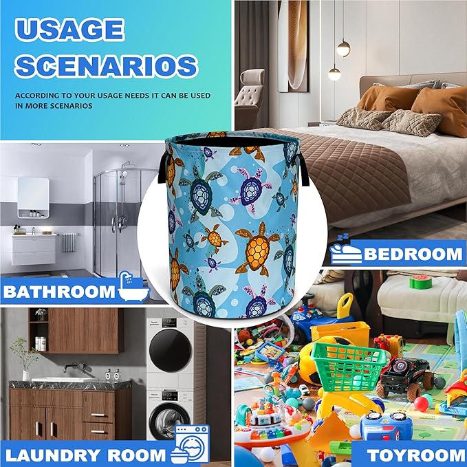 Sea Turtle Laundry Basket Oxford Cloth Funny Animal Laundry Hamper With Handle Foldable Portable Clothes Storage Basket 18.9 X 16.5 In Storage Bag For Laundry Room/Bathroom/Bedroom/Dormitories