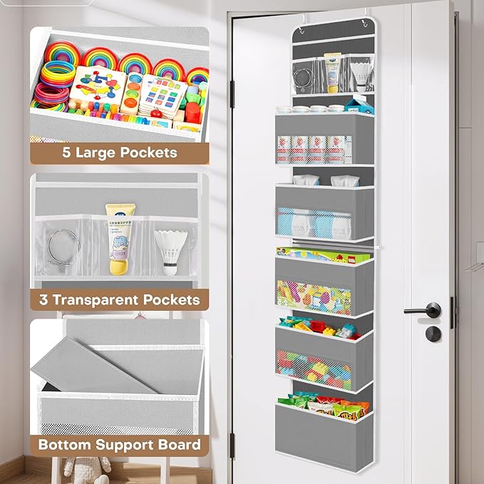 SpaceWhisper Over the Door Organizer, 6 Large Pocket Hanging Storage Organizer with 40lb Capacity, Space Saving for Nursery, Bathroom, Bedroom, Closet - Baby Essentials & Toiletry Organizer (Grey)