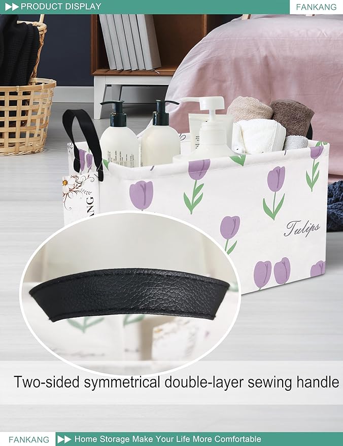 FANKANG Storage Bins, Nursery Hamper Canvas Laundry Basket Foldable with Waterproof PE Coating Large Storage Baskets for Kids Boys and Girls, Office, Bedroom, Clothes,Toys(Rec-tulips ）