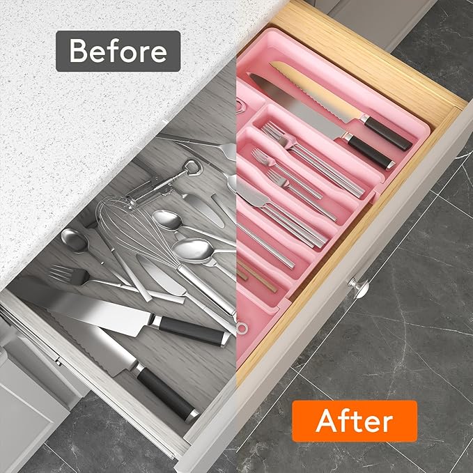 Lifewit Silverware Drawer Organizer, Expandable Utensil Tray for Kitchen, BPA Free Flatware and Cutlery Holder, Adjustable Plastic Storage for Spoons Forks Knives, 13-22 x 15", Pink