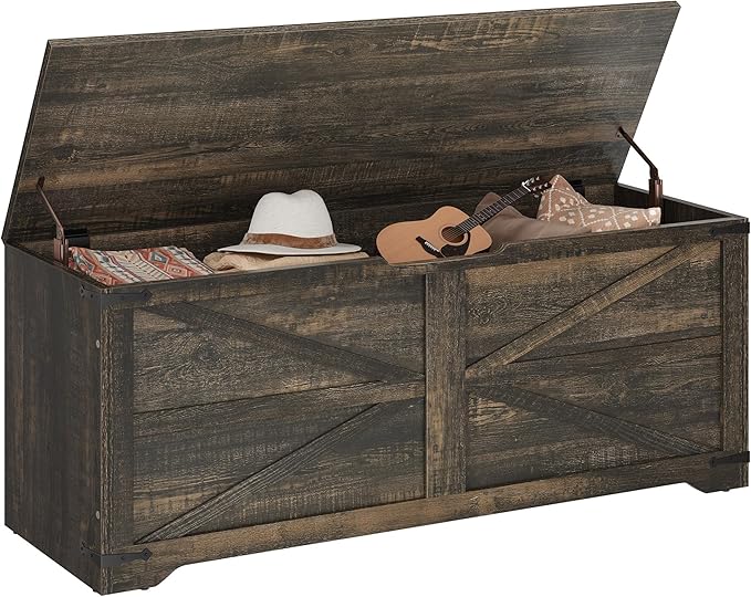 DWVO Storage Bench, 47.2" Farmhouse Storage Chest with 2 Safety Hinges, Wooden Storage Organizer, Shoe Bench for Entryway, Bedroom, Living Room, Dark Rustic Oak