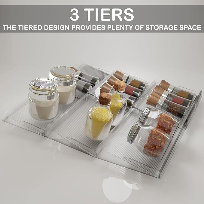 BaHoki Essentials 3 Tier Spice Rack- Kitchen Drawer Organizer - Clear Plastic Storage Rack for Kitchen Pantry - Perfect for Salt, Pepper, Spices and Seasonings (Pack of 2)