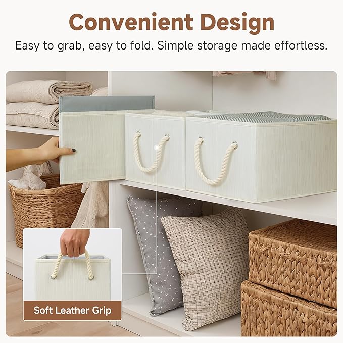 StorageWorks Storage Baskets for Shelves, Fabric Storage Bins, Closet Organization and Storage Basket, Foldable Organizer Bins for Clothes, Beige, White & Ivory, Large, 3-Pack