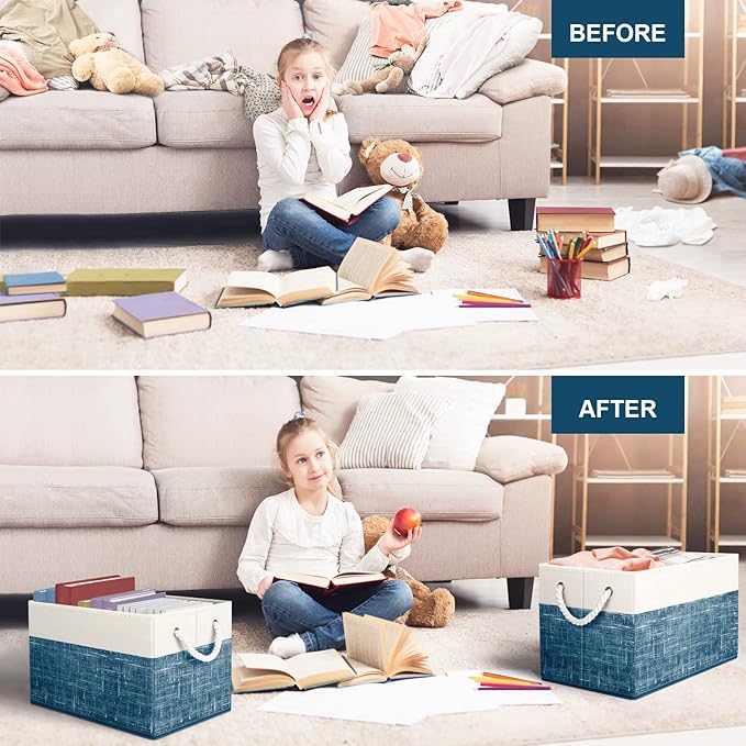 Fab totes Storage Bins [4-Pack], Foldable Storage Baskets for Organizing Toys, Books, Shelves, Closet, Large Storage Box with Rope Handles, Sturdy Organizer Bins, White & Blue