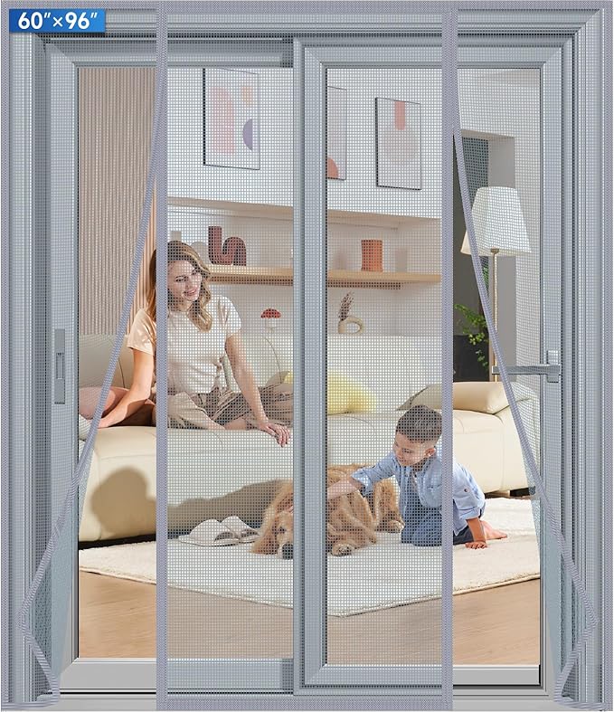 Magnetic Screen Door Upgraded PET Mesh Stronger Than Fiberglass and Polyester,Hands Free,Keeps Bugs Out,Pet & Kid Friendly,Suitable for Sliding Door,Large Patio Door and French Door-60''x96''
